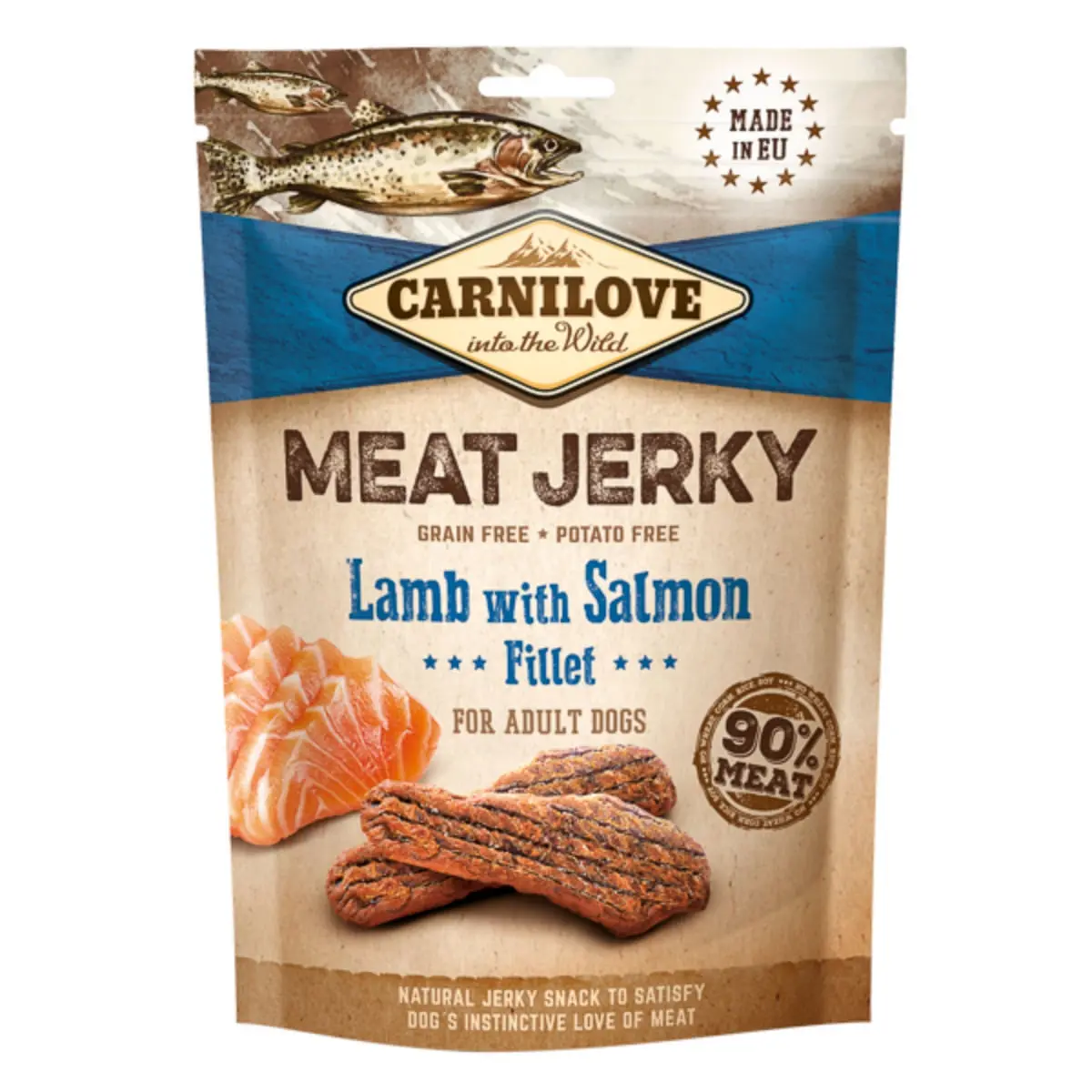 CARNILOVE Jerky, XS-XL, Miel si Somon, punguta recompense fara cereale caini, 100g