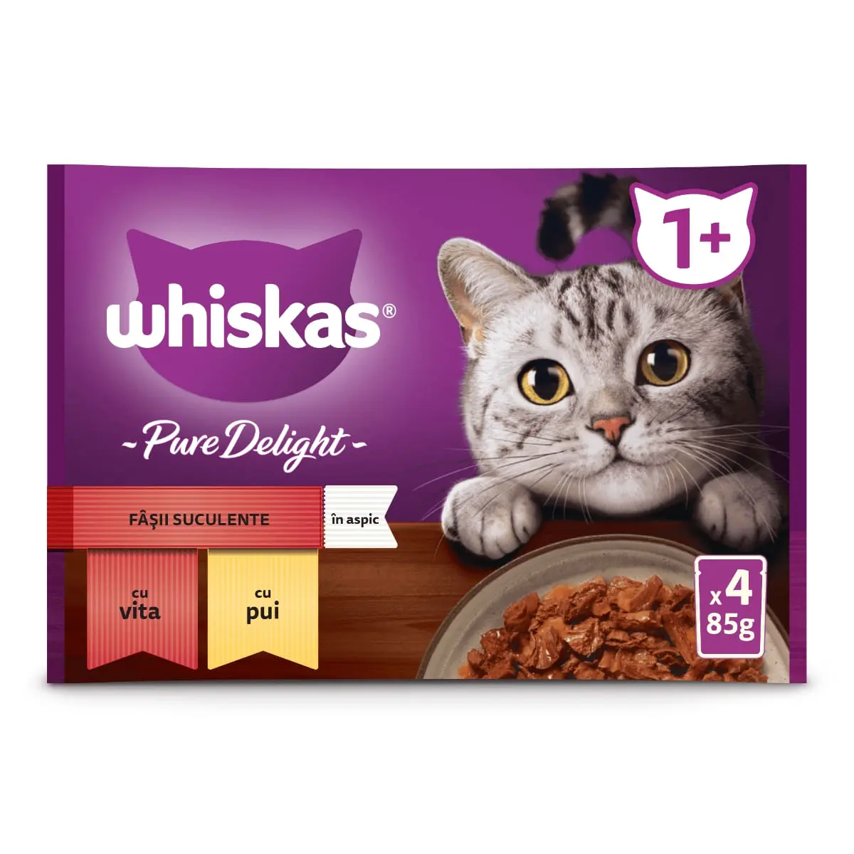 WHISKAS Pure Delight Selectii Clasice, Vita si Pui, plic hrana umeda pisici, (in aspic), multipack, 85g x 4
