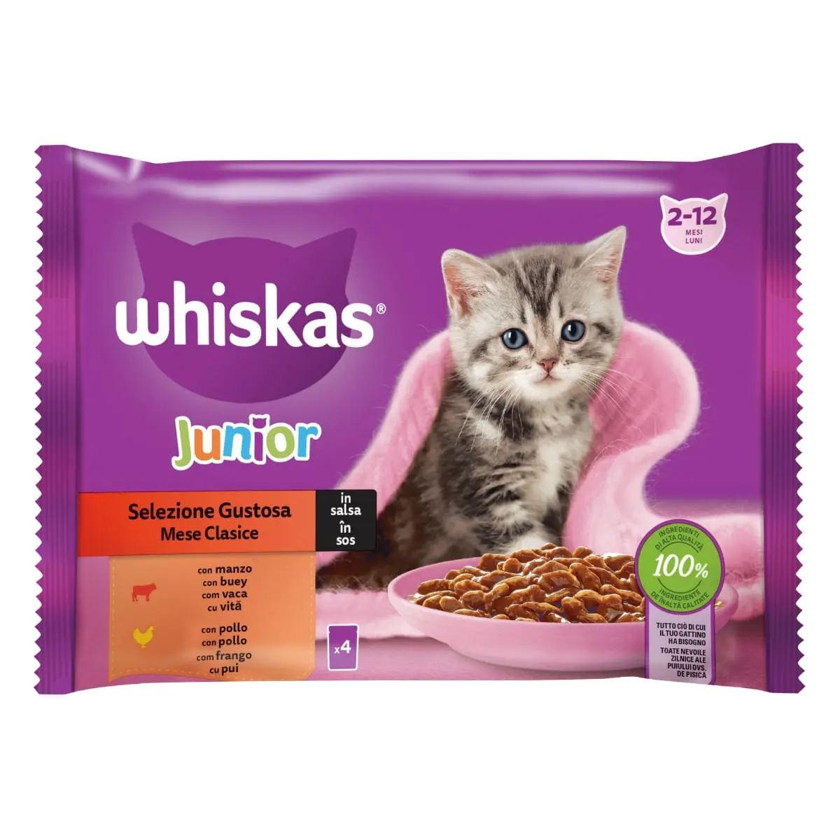 WHISKAS Junior Selectii Clasice, Vita si Pui, plic hrana umeda pisici junior, (in aspic), multipack, 85g x 4 - Image 4