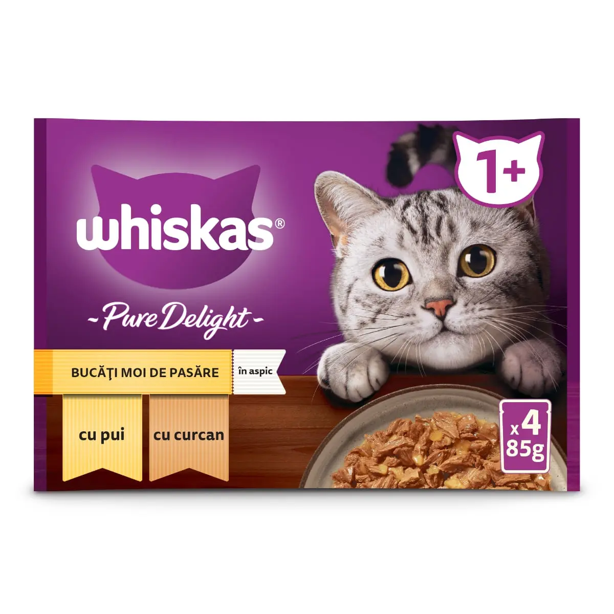 WHISKAS Pure Delight Selectii Pasare, Pui si Curcan, plic hrana umeda pisici, (in aspic), multipack, 85g x 4 - Image 5
