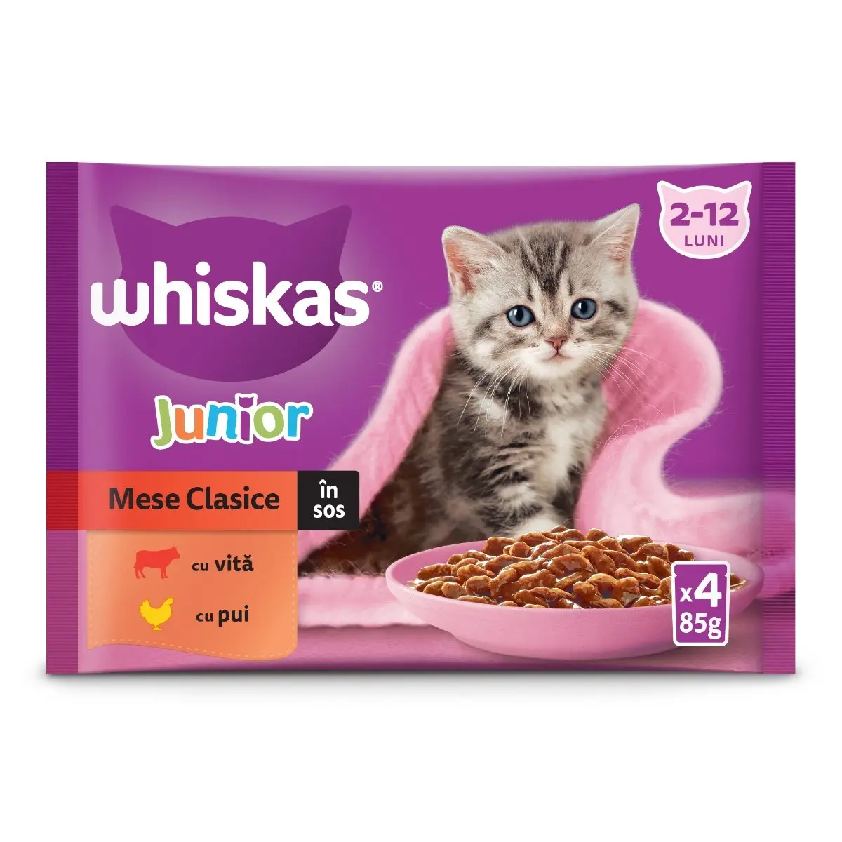 WHISKAS Junior Selectii Clasice, Vita si Pui, plic hrana umeda pisici junior, (in aspic), multipack, 85g x 4