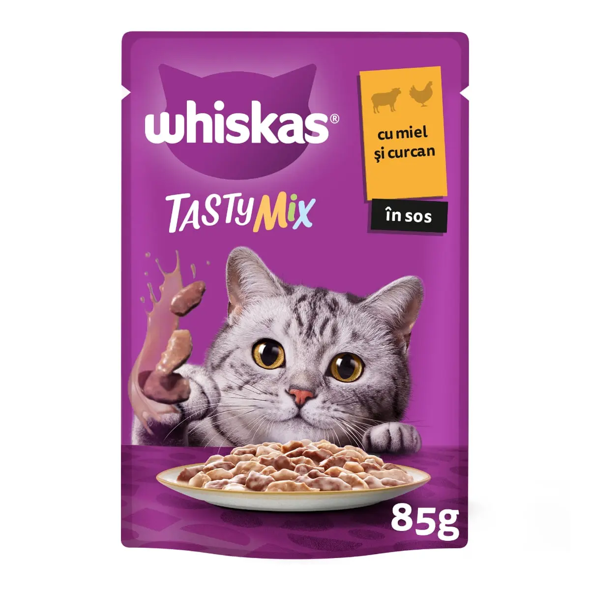 WHISKAS Tasty Mix Creamy Creations, Miel si Curcan, plic hrana umeda pisici, (in sos), 85g