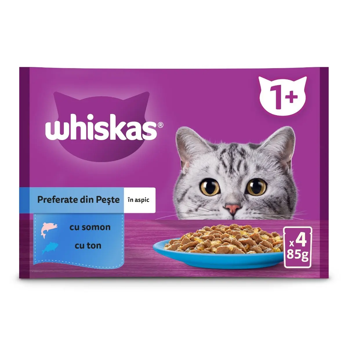 WHISKAS Selectii Peste, Somon si Ton, plic hrana umeda pisici, (in aspic), multipack, 85g x 4