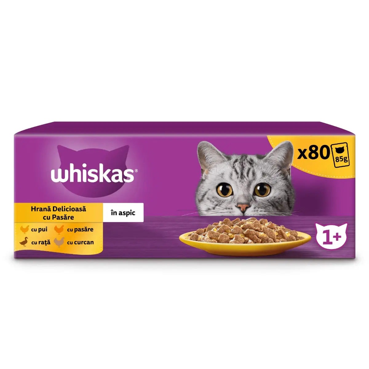 WHISKAS 1+ Poultry Feasts, Pasare, plic hrana umeda pisici, (in aspic) WHISKAS 1+ Poultry Feasts Selectii, Pasare, plic hrana umeda pisici, (in aspic), multipack, 85g x 80