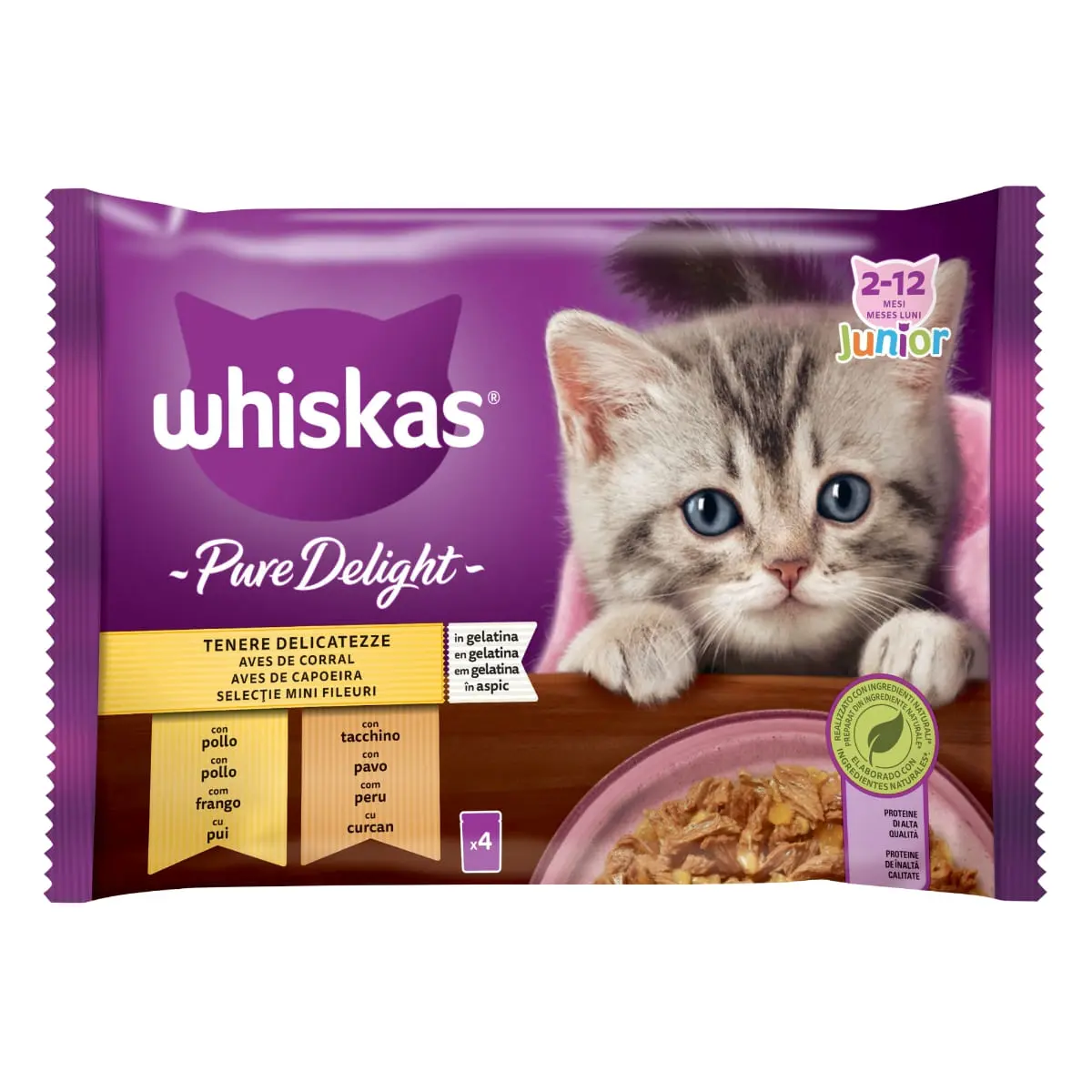 WHISKAS Pure Delight Junior Selectii Pasare, Pui si Curcan, plic hrana umeda pisici junior, (in aspic), multipack, 85g x 4 - Image 8
