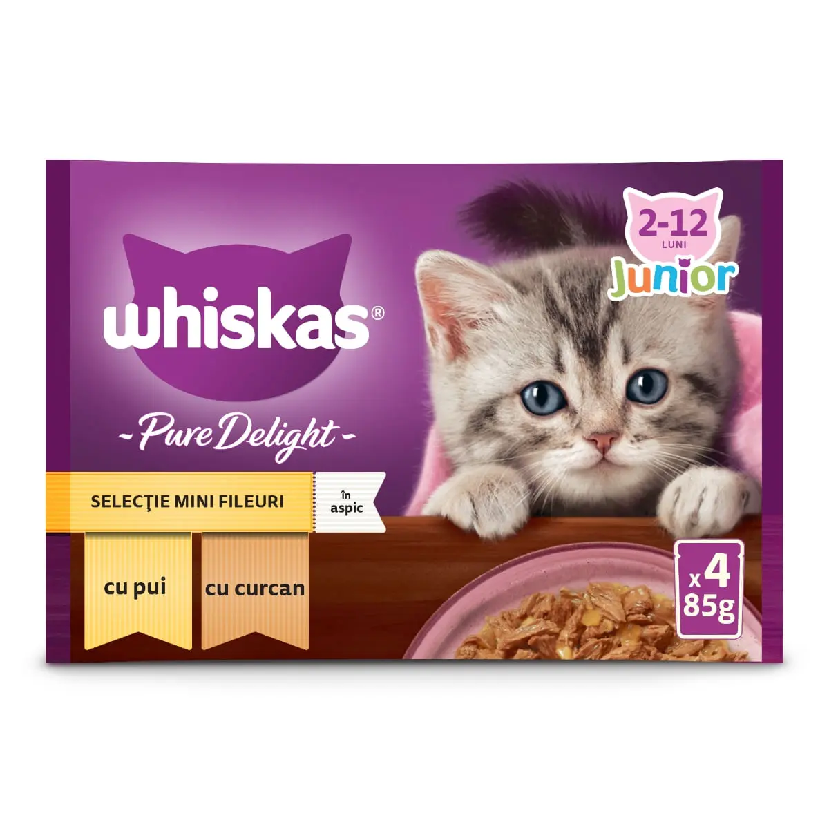 WHISKAS Pure Delight Junior Selectii Pasare, Pui si Curcan, plic hrana umeda pisici junior, (in aspic), multipack, 85g x 4