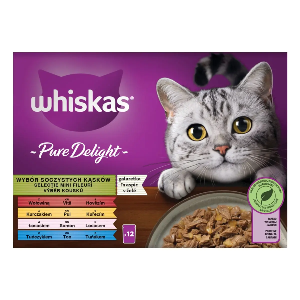 WHISKAS Pure Delight Mixed Selection, Vita, Pui, Somon si Ton, plic hrana umeda pisici, (in aspic), multipack, 85g x 12 - Image 3
