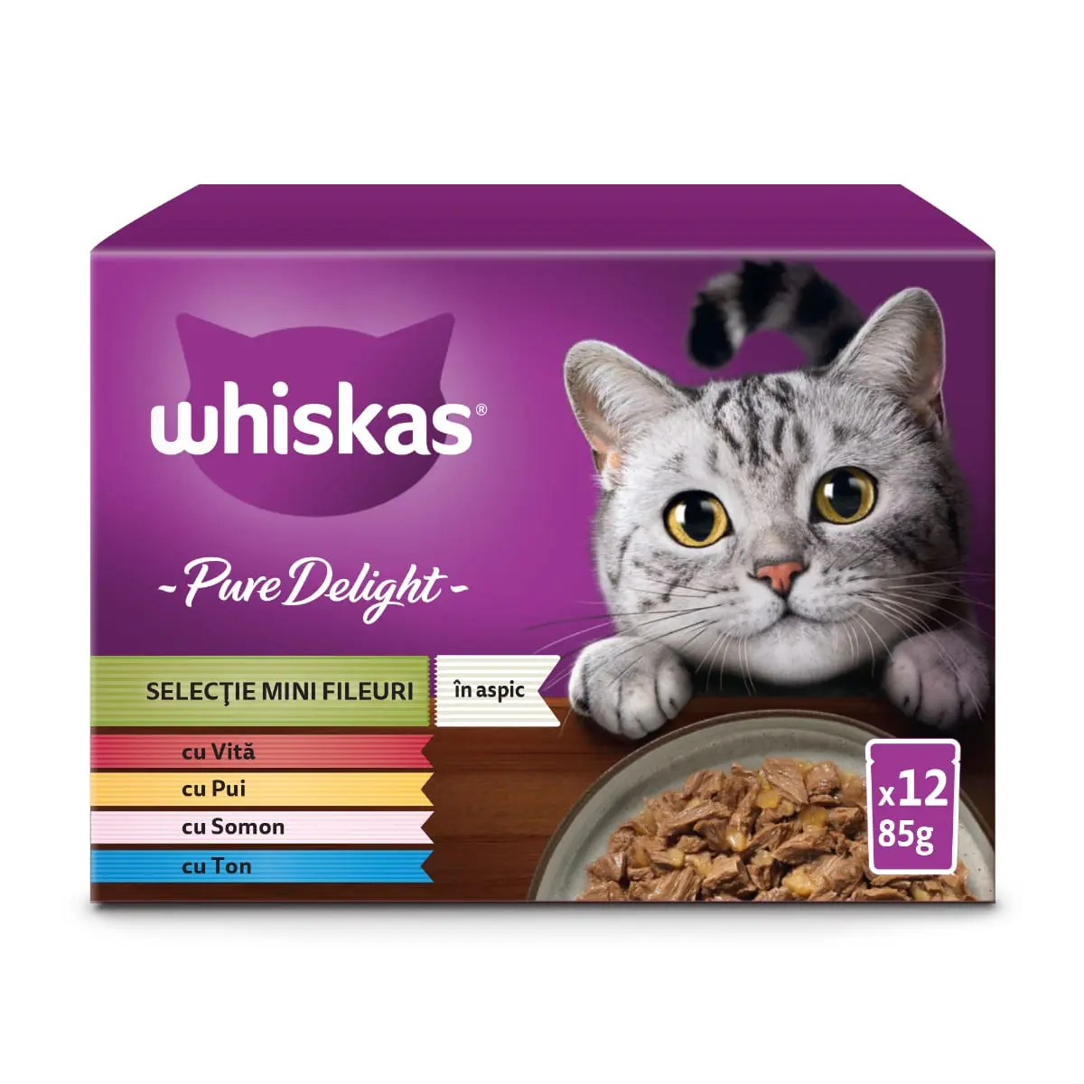WHISKAS Pure Delight Mixed Selection, Vita, Pui, Somon si Ton, plic hrana umeda pisici, (in aspic), multipack, 85g x 12