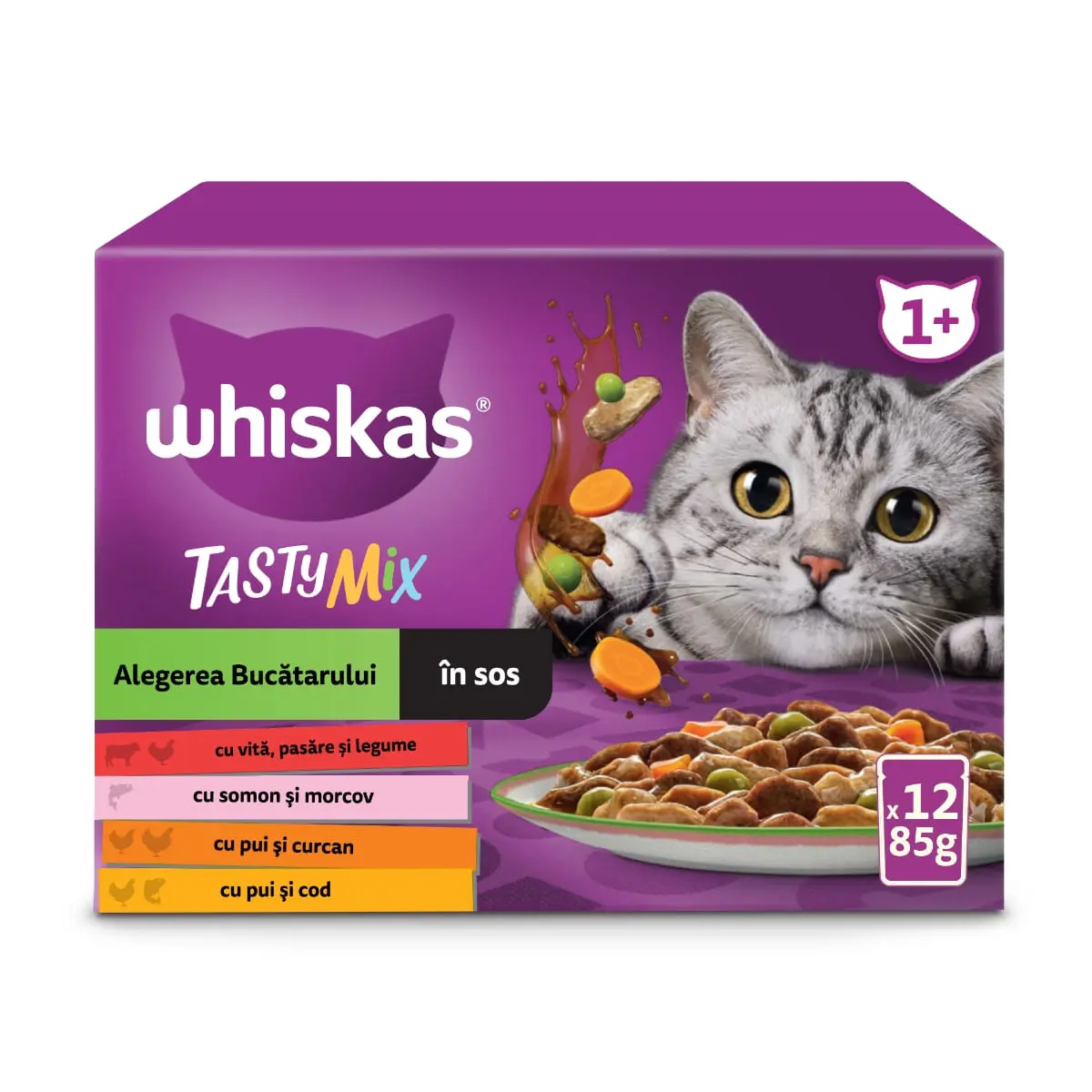 WHISKAS Tasty Mix Chef's Choice, Somon, Vita, Pui si Pasare, Pui si Curcan, Pui si Cod, plic hrana umeda pisici, (in sos), multipack, 85g x 12