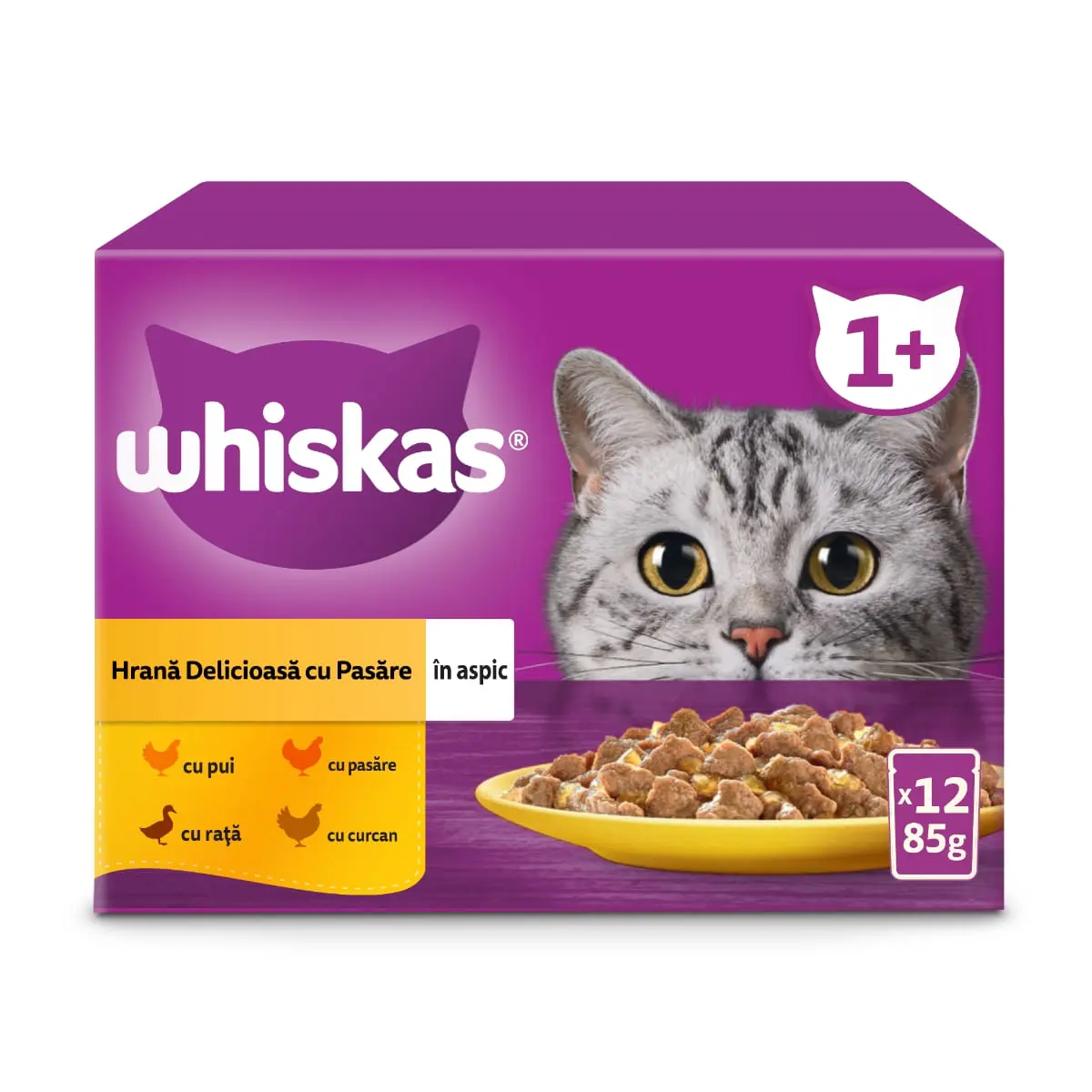 WHISKAS 1+ Poultry Feasts, Pasare, plic hrana umeda pisici, (in aspic) WHISKAS 1+ Poultry Feasts Selectii, Pasare, plic hrana umeda pisici, (in aspic), multipack, 85g x 12