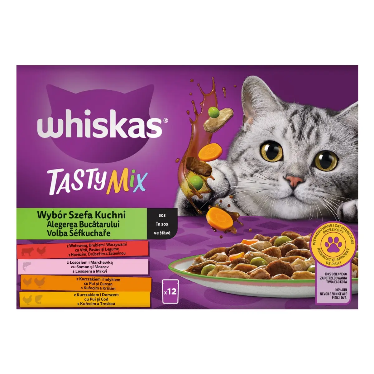 WHISKAS Tasty Mix Chef's Choice, Somon, Vita, Pui si Pasare, Pui si Curcan, Pui si Cod, plic hrana umeda pisici, (in sos), multipack, 85g x 12 - Image 13