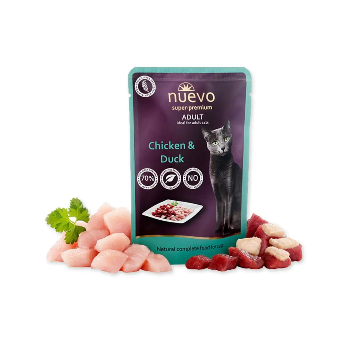 NUEVO, Pui si Rata, hrana umeda fara cereale pisici, apetit capricios, (pate) NUEVO, Pui si Rata, plic hrana umeda fara cereale pisici, apetit capricios, (pate), 85g