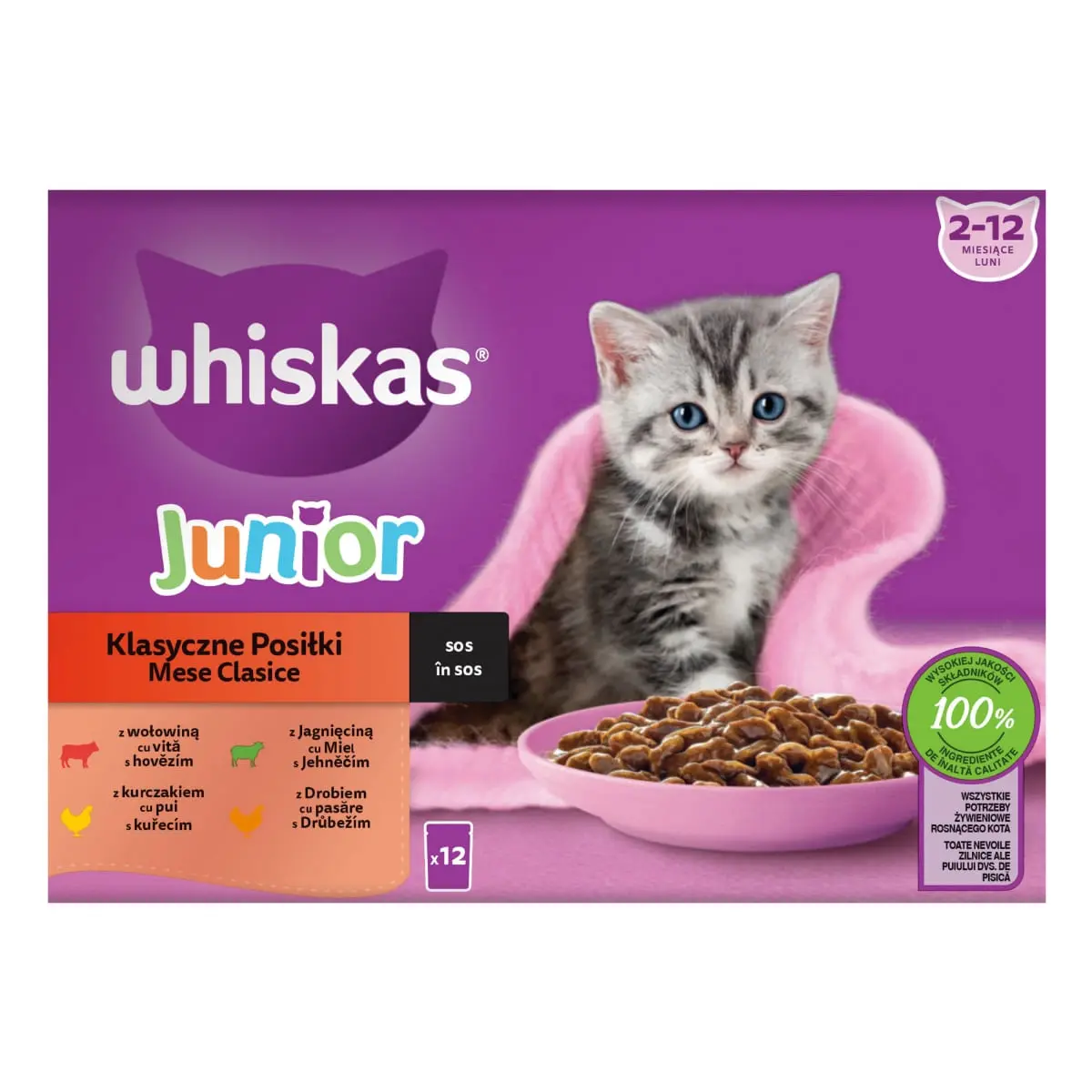 WHISKAS Junior Selectii Clasice, Miel, Vita, Pui si Pasare, plic hrana umeda pisici, (in sos), multipack, 85g x 12 - Image 16