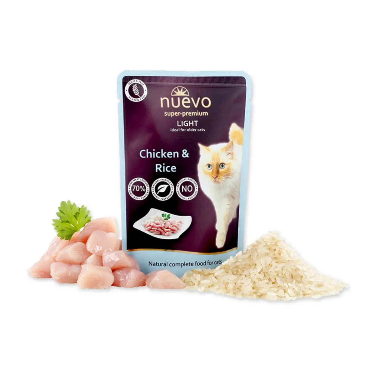 NUEVO Light, Pui si Orez, hrana umeda pisici, obezitate, (pate) NUEVO Light, Pui si Orez, plic hrana umeda pisici, obezitate, (pate), 85g