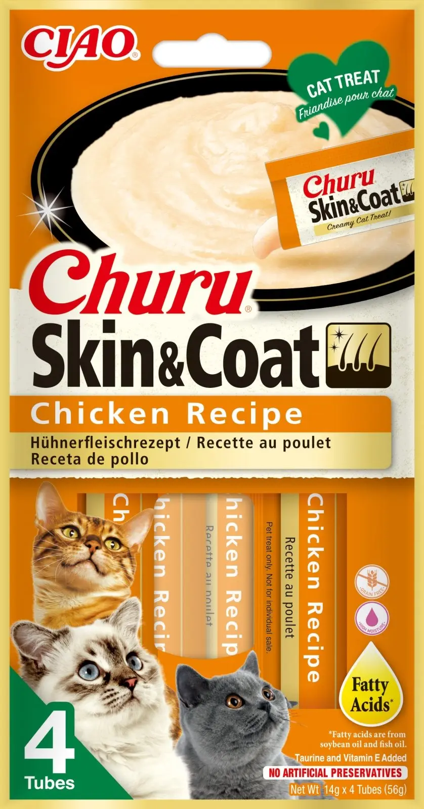 INABA Churu Skin&Coat, Pui, plic recompense functionale fara cereale pisici, piele & blana, (topping), 56g