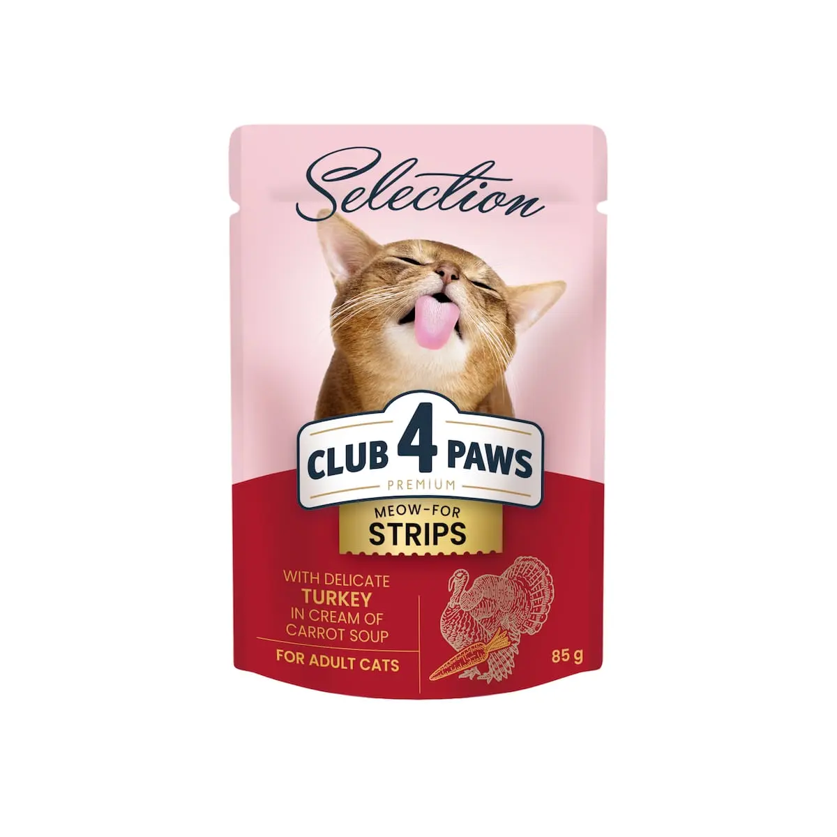 CLUB 4 PAWS Premium Selection Stripsuri, Curcan si Morcov, plic hrana umeda pisici, (in supa), 85g - Image 2