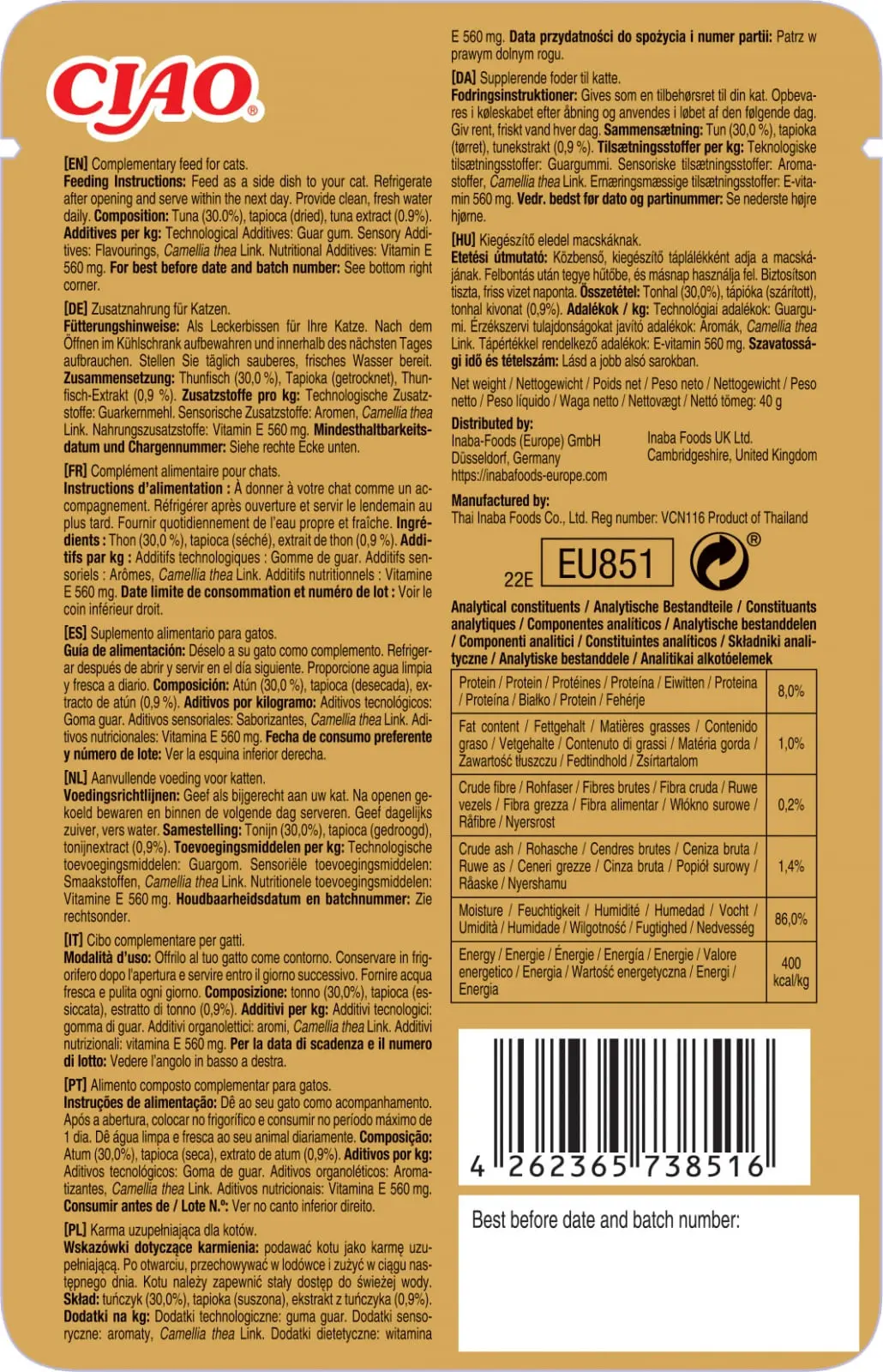 INABA Ciao Bisque, Ton, plic hrana umeda fara cereale pisici, (piure), 40g - Image 2