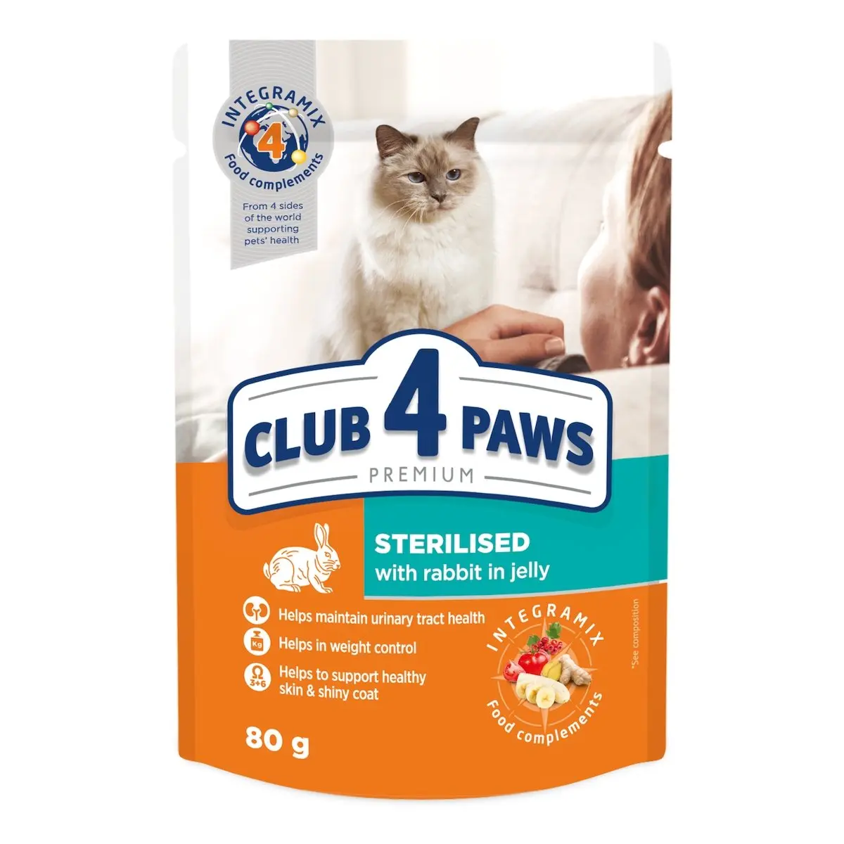 CLUB 4 PAWS Premium Sterilised, Iepure, plic hrana umeda pisici sterilizate, (in aspic), 80g