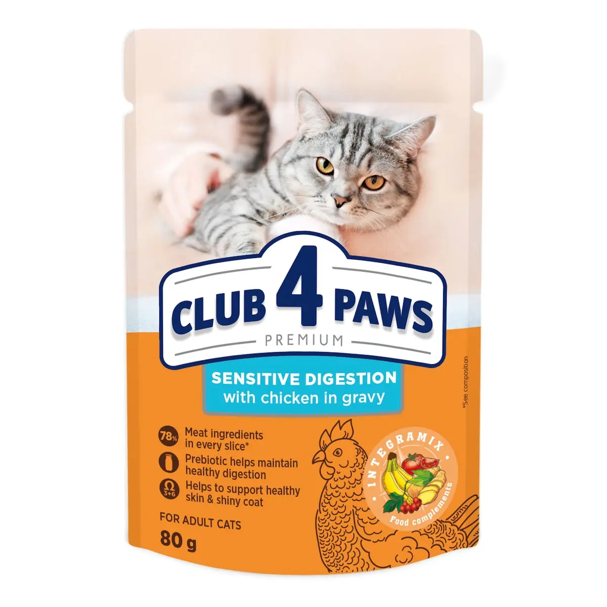 CLUB 4 PAWS Premium Sensitive Digestion, Pui, plic hrana umeda pisici, sistem digestiv, (in sos), 80g