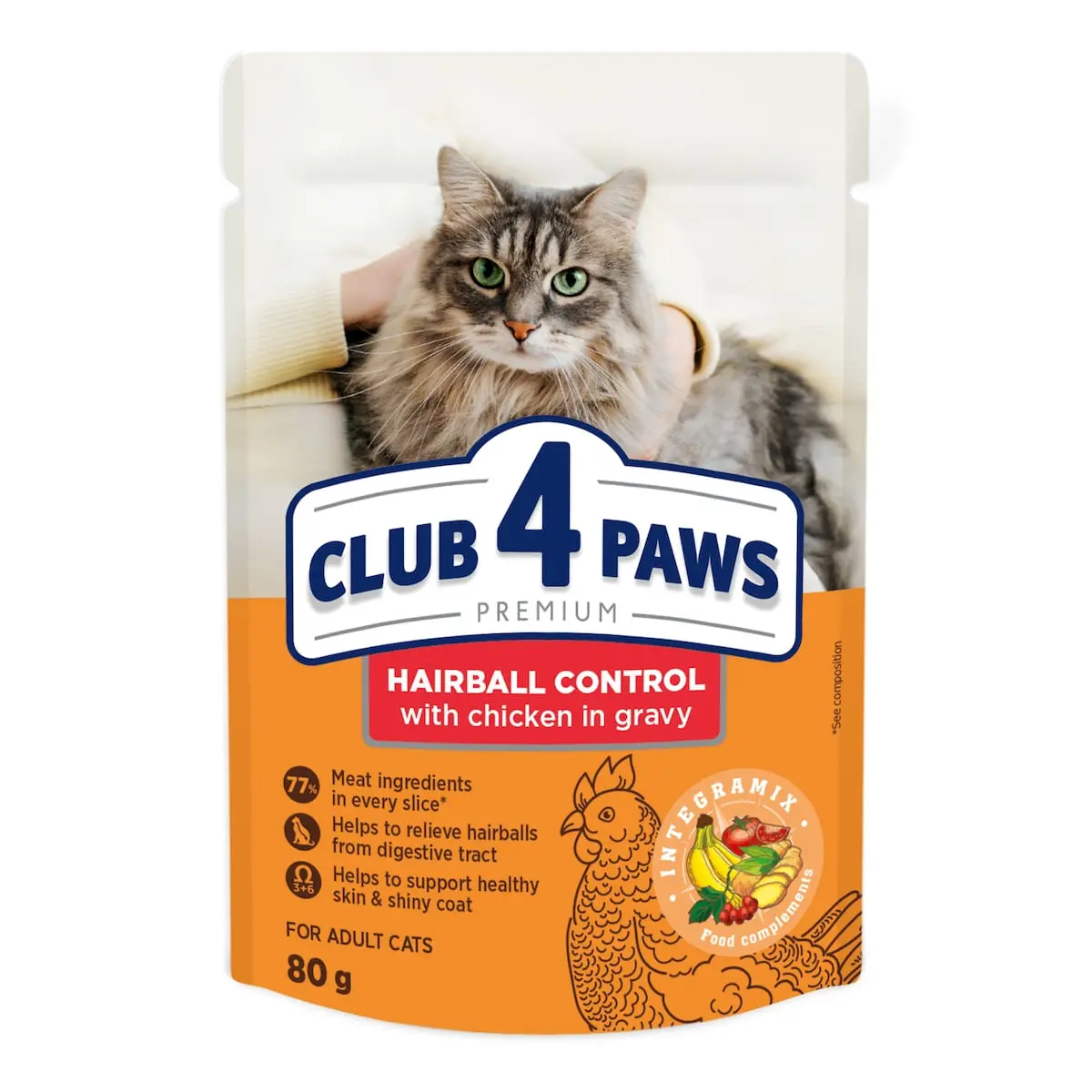 CLUB 4 PAWS Premium Hairball Control, Pui, plic hrana umeda pisici, limitarea ghemurilor de blana, (in sos), 80g