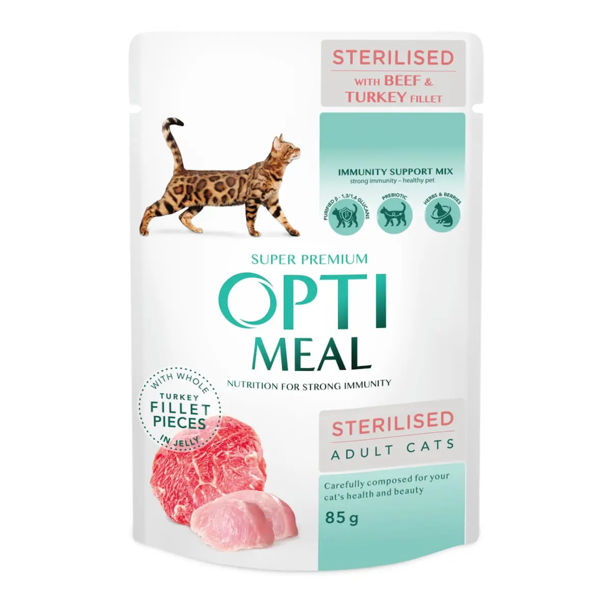 OPTIMEAL, Vita si Curcan, plic hrana umeda pisici sterilizate, (in aspic), 85g