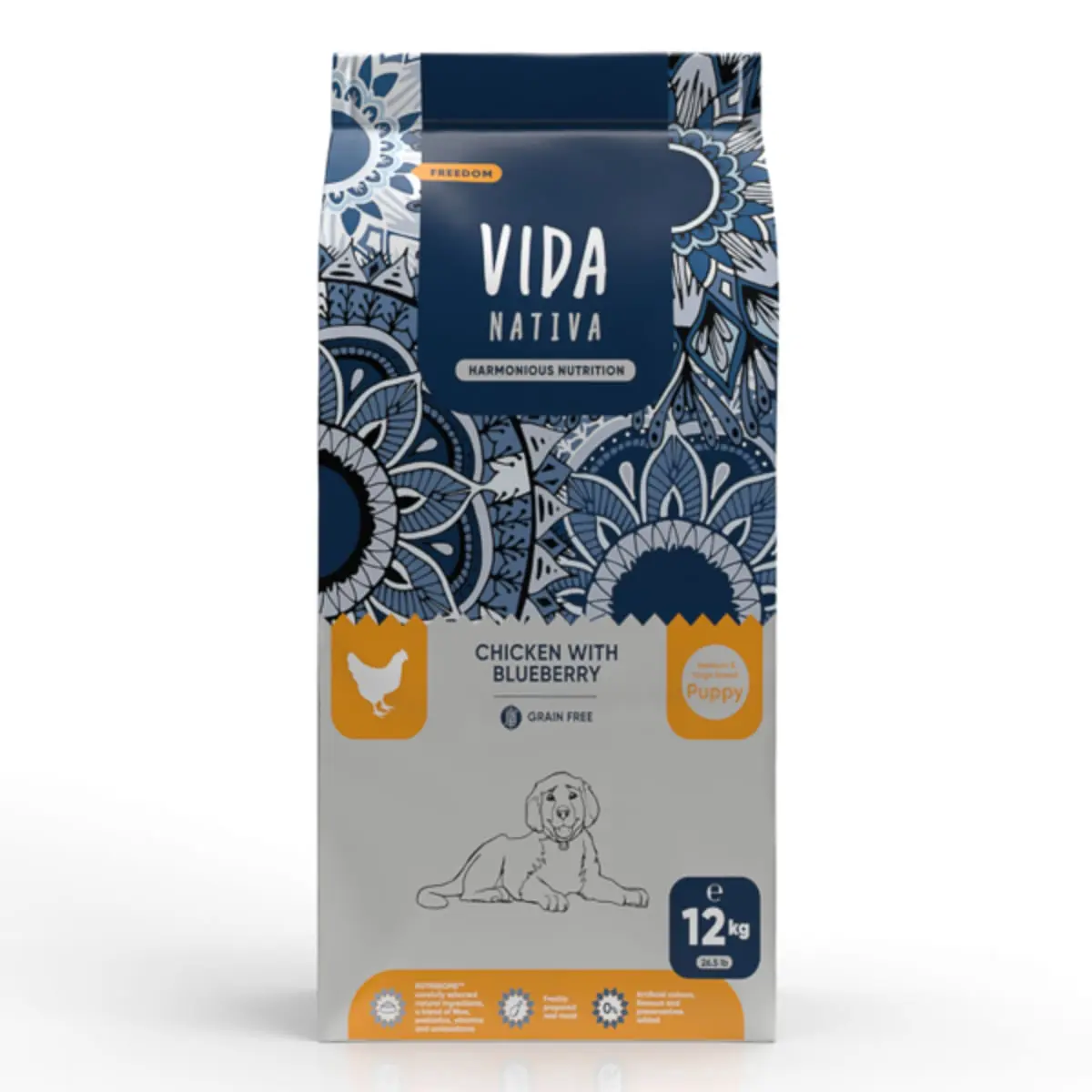 VIDA NATIVA Freedom, M-XL, Pui si afine, hrana uscata fara cereale caini junior, 12kg