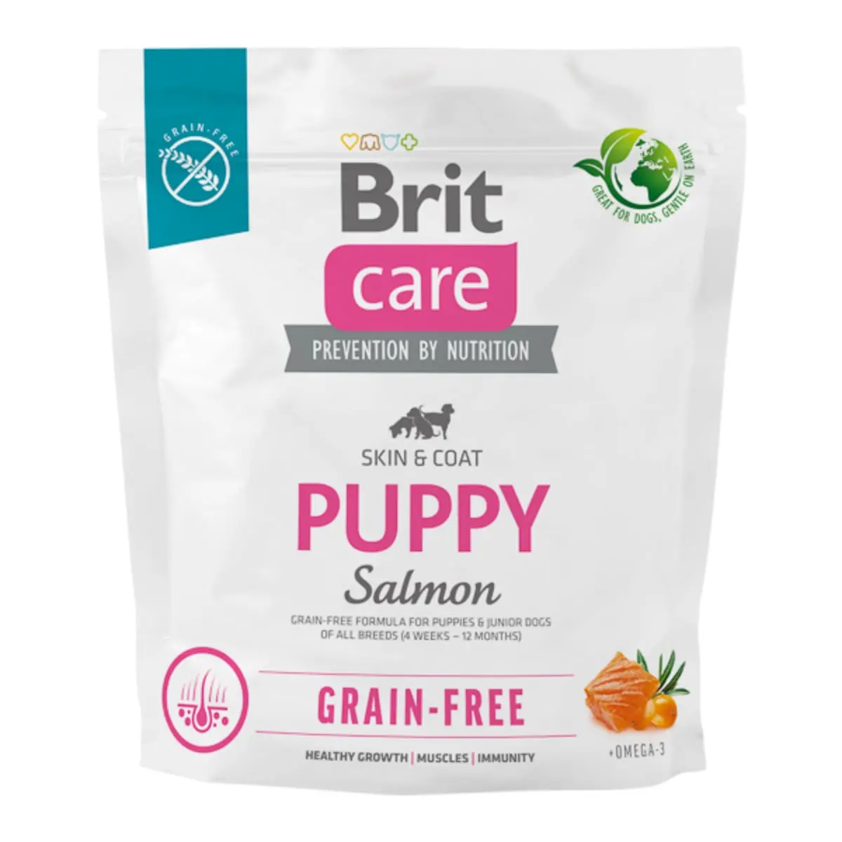 BRIT Care, XS-XL, Somon, hrana uscata fara cereale caini junior, piele & blana BRIT Care Grain-Free Puppy, XS-XL, Somon, hrana uscata fara cereale caini junior, piele & blana, 1kg