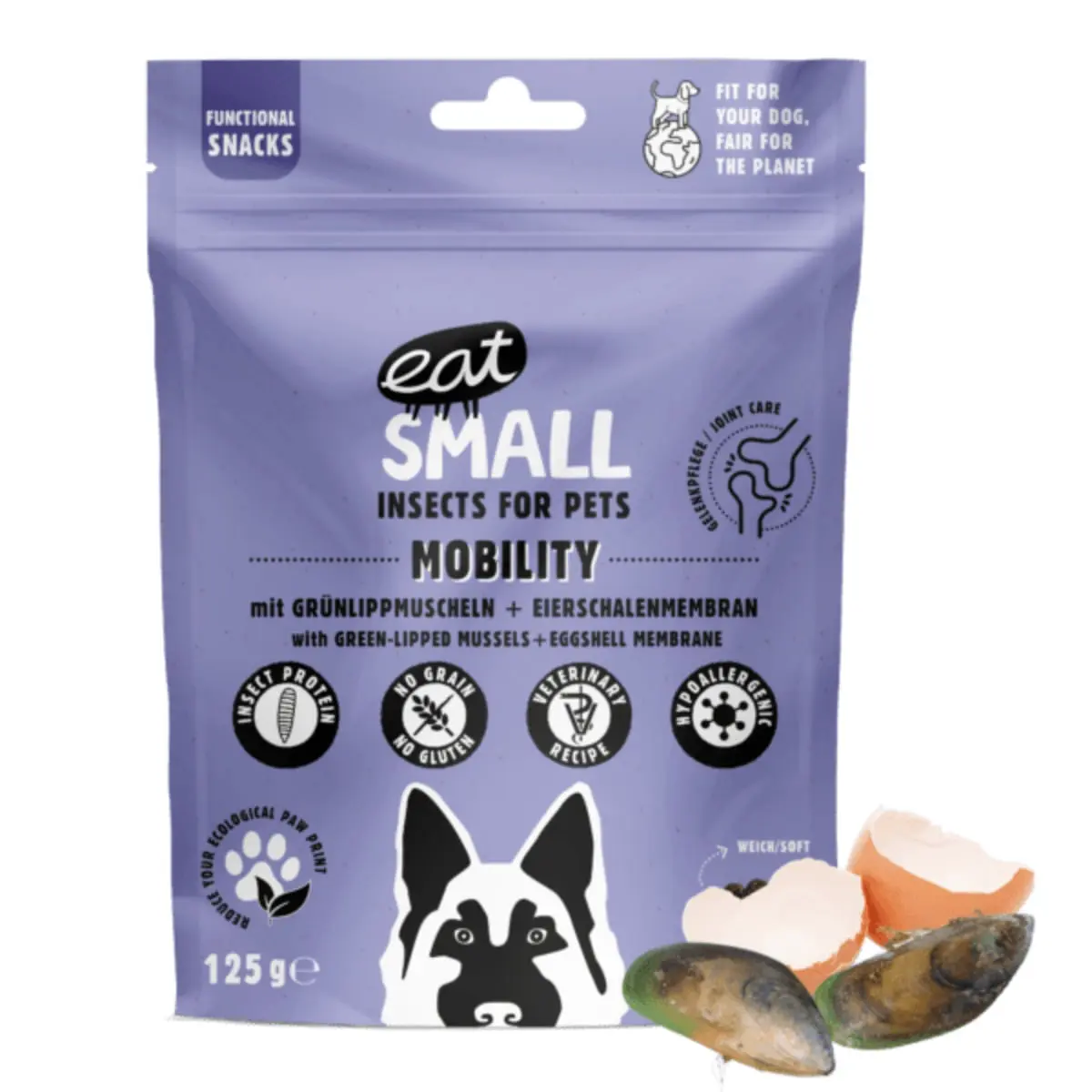 EAT SMALL Mobility Snack, XS-XL, Insecte, punguta, resigilabil recompense functionale fara cereale caini, sistem articular, 125g