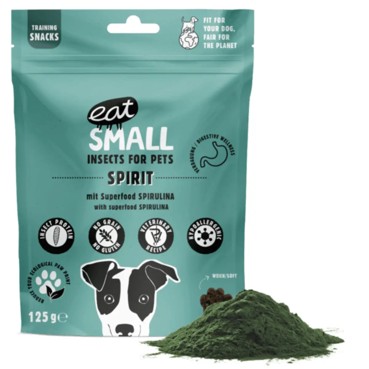 EAT SMALL Spirit Snack, XS-XL, Insecte si Spirulina, punguta, resigilabil recompense functionale fara cereale caini, sistem imunitar & alergii, 125g