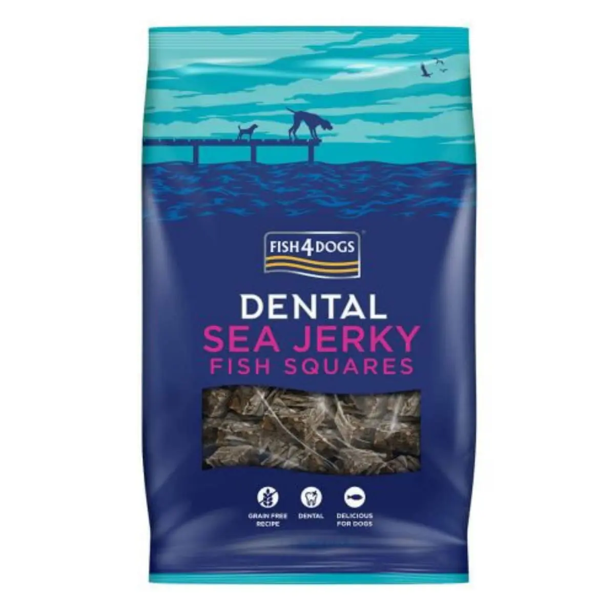 FISH4DOGS Dental Sea Jerky Fish Squares, XS-XL, Peste, punguta recompense fara cereale caini, deshidratat, 115g
