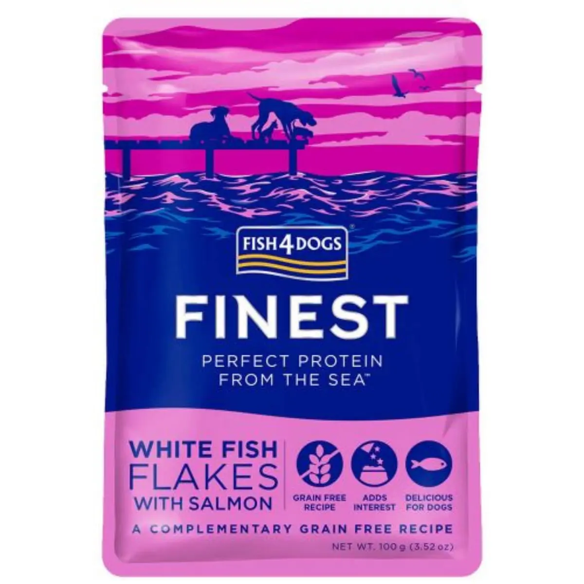 FISH4DOGS Finest, XS-XL, Peste alb si Somon, plic hrana umeda fara cereale caini, (in suc propriu), 100g