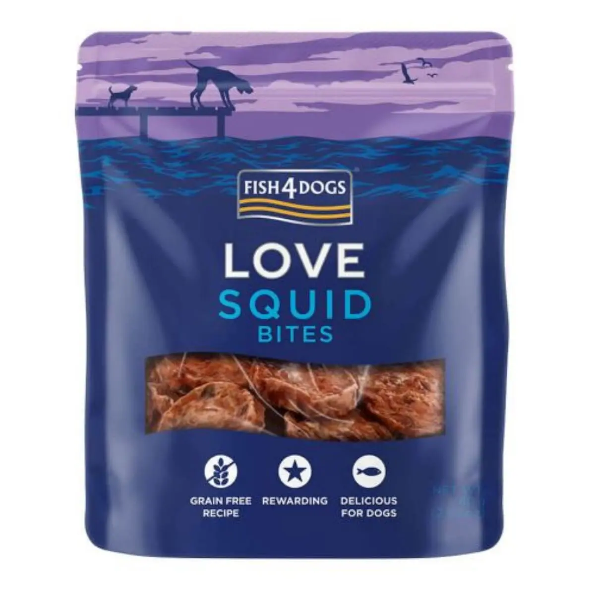 FISH4DOGS Love Squid Bites, XS-XL, Calamar, punguta recompense fara cereale caini, deshidratat, 80g