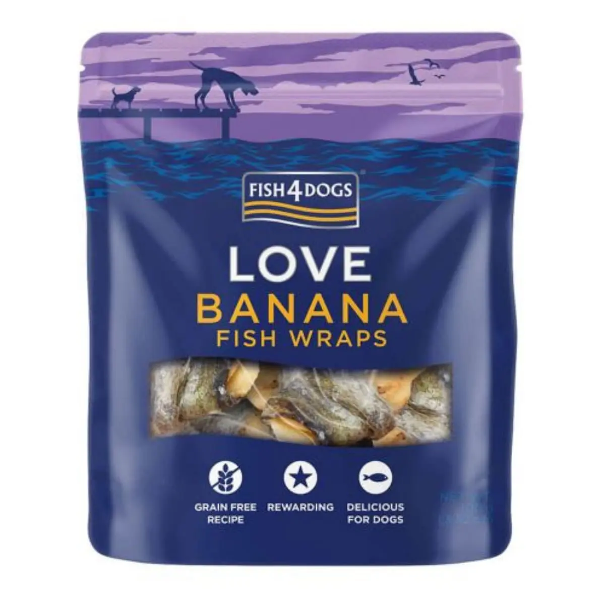 FISH4DOGS Love Snack Dog Wraps, XS-XL, Banana si Piele de Peste, punguta recompense fara cereale caini, deshidratat, 100g