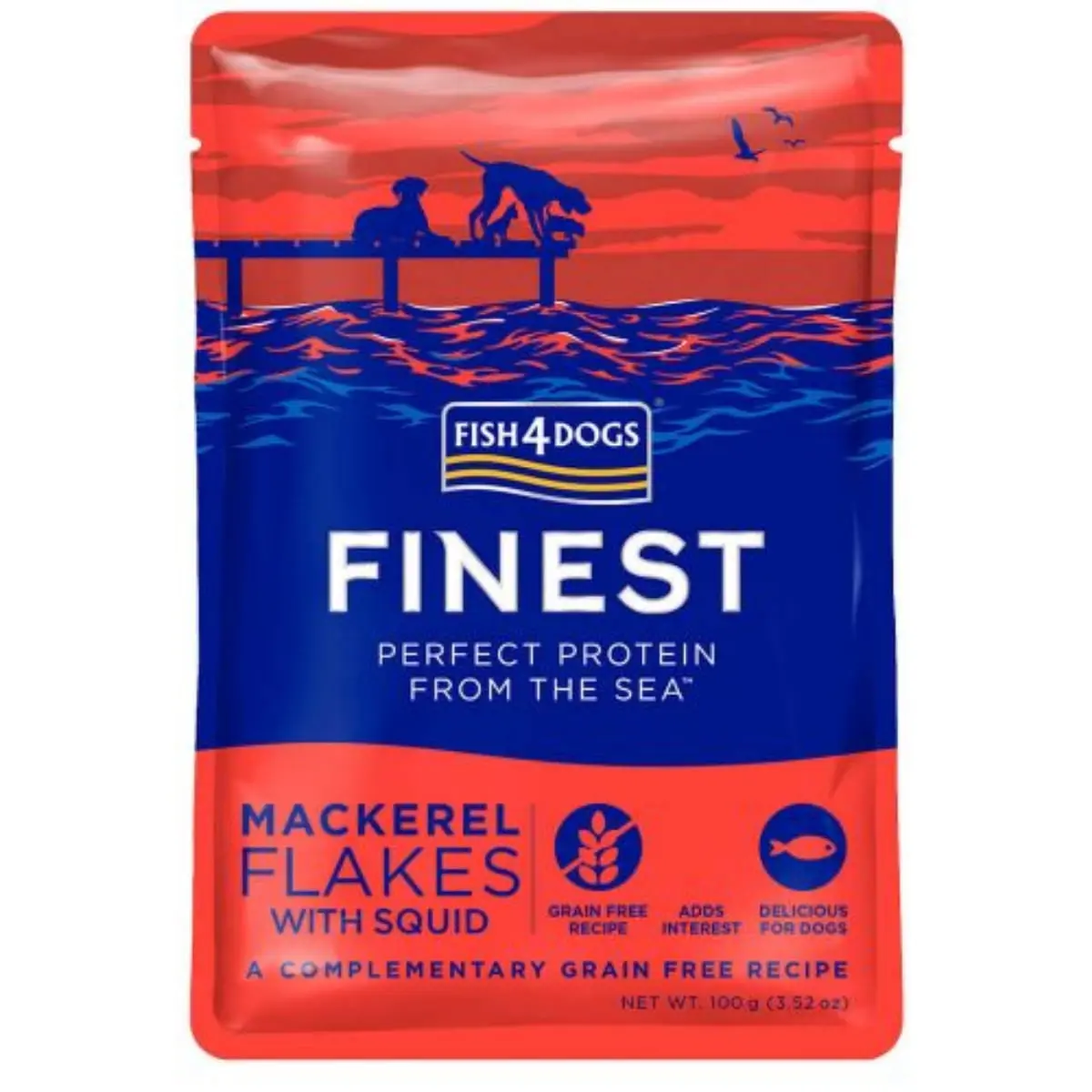 FISH4DOGS Finest, XS-XL, Macrou si Calamar, plic hrana umeda fara cereale caini, (in suc propriu), 100g
