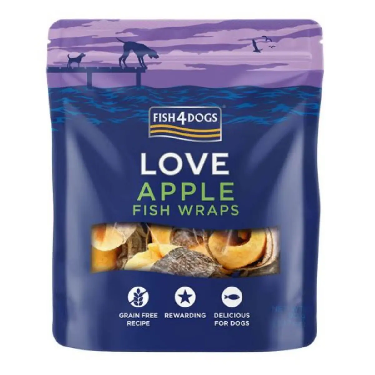 FISH4DOGS Love Snack Dog Wraps, XS-XL, Mar si Piele de Peste, punguta recompense fara cereale caini, deshidratat, 90g