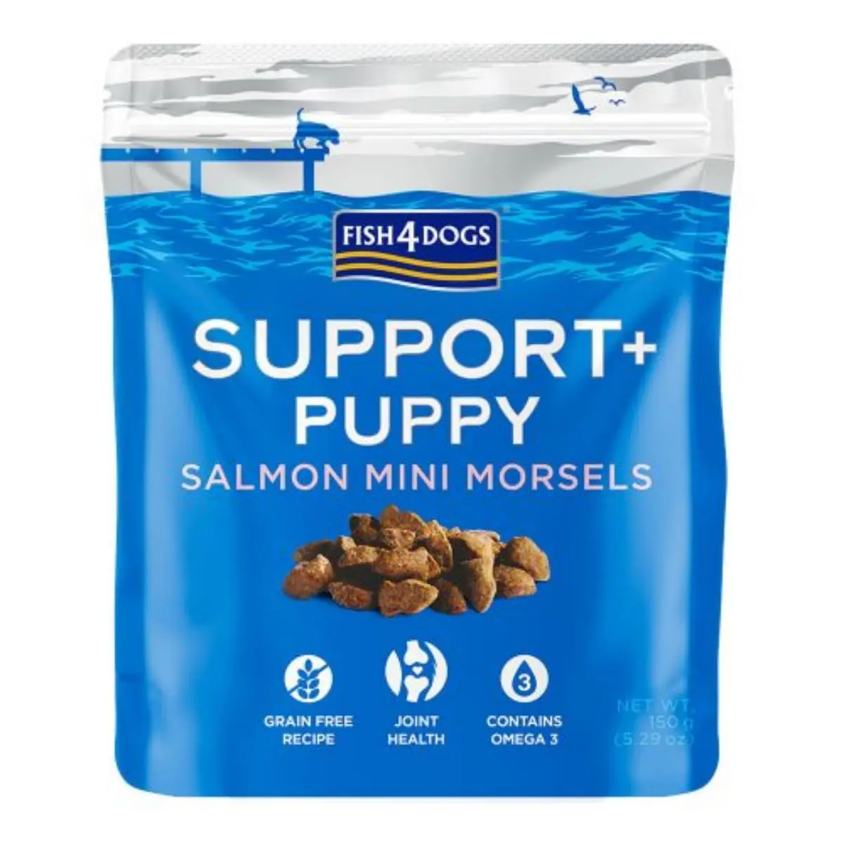 FISH4DOGS Support+ Puppy Joint Health, XS-XL, Somon, punguta recompense functionale fara cereale caini junior, sistem articular, 150g