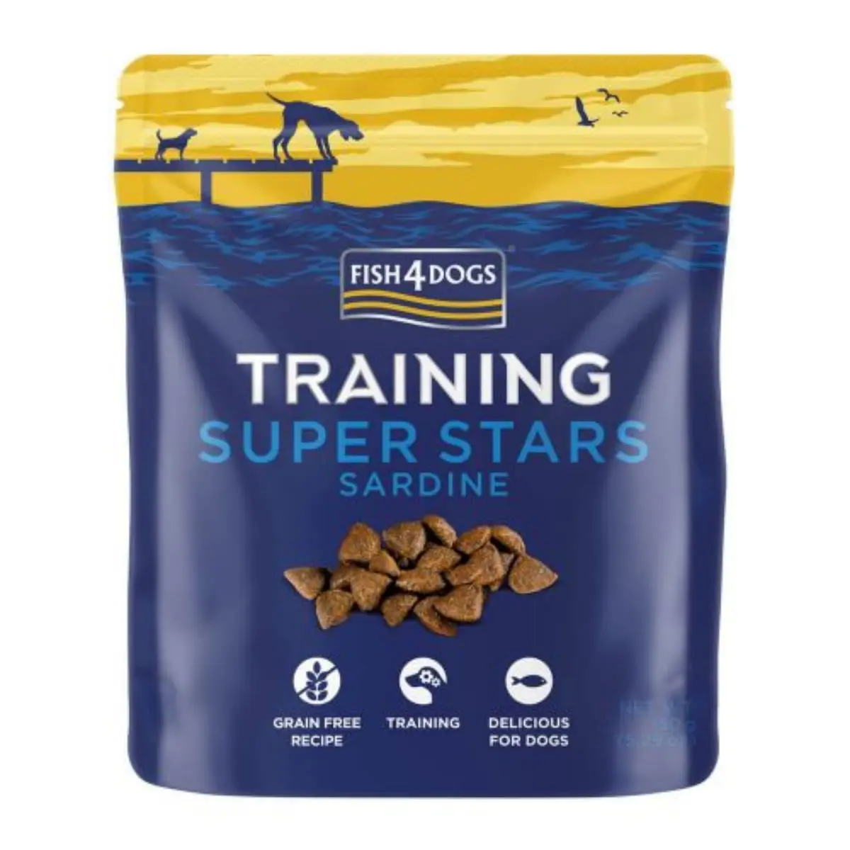 FISH4DOGS Training Superstars, XS-XL, Sardine, punguta recompense fara cereale caini, 150g