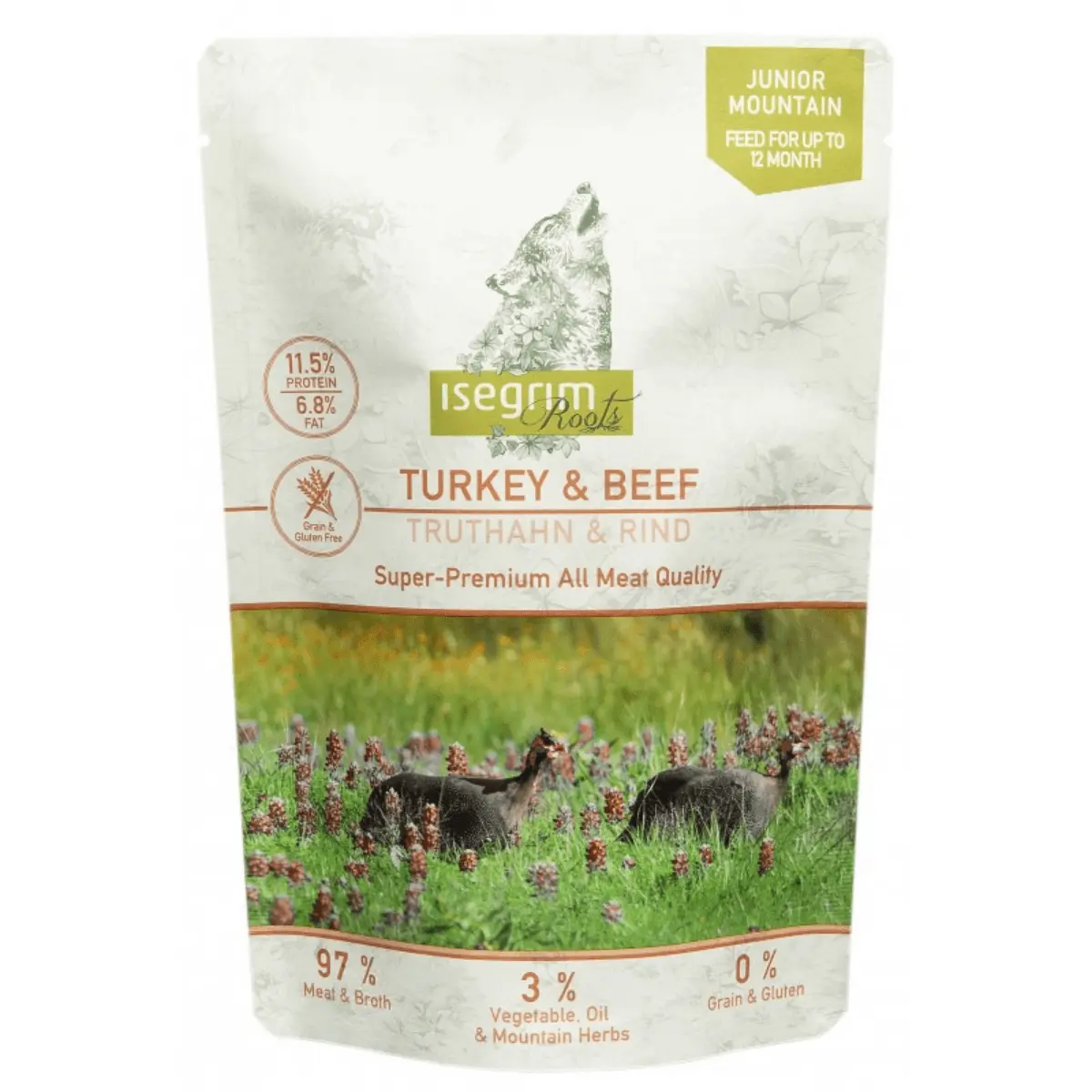 ISEGRIM, XS-XL, Curcan si Vita, plic hrana umeda fara cereale caini junior, (in sos), 410g