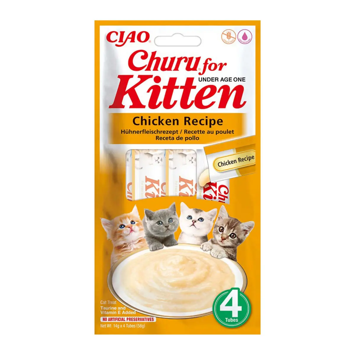 INABA Churu Kitten, Pui,, tub recompense fara cereale pisici junior, (piure) INABA Churu Kitten, Pui, plic, tub recompense fara cereale pisici junior, (piure), 56g - Image 2