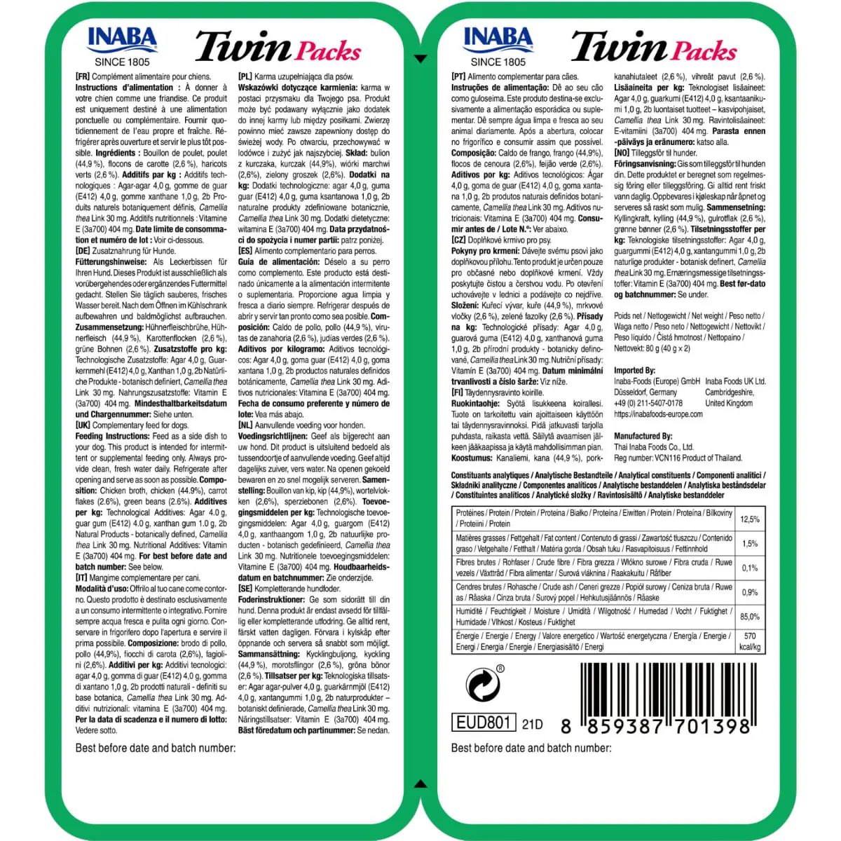 INABA Churu Dog Twin, XS-XL, Pui si Legume, hrana umeda fara cereale caini, (in supa) INABA Churu Dog Twin, XS-XL, Pui si Legume, plic hrana umeda fara cereale caini, (in supa), 80g - Image 2