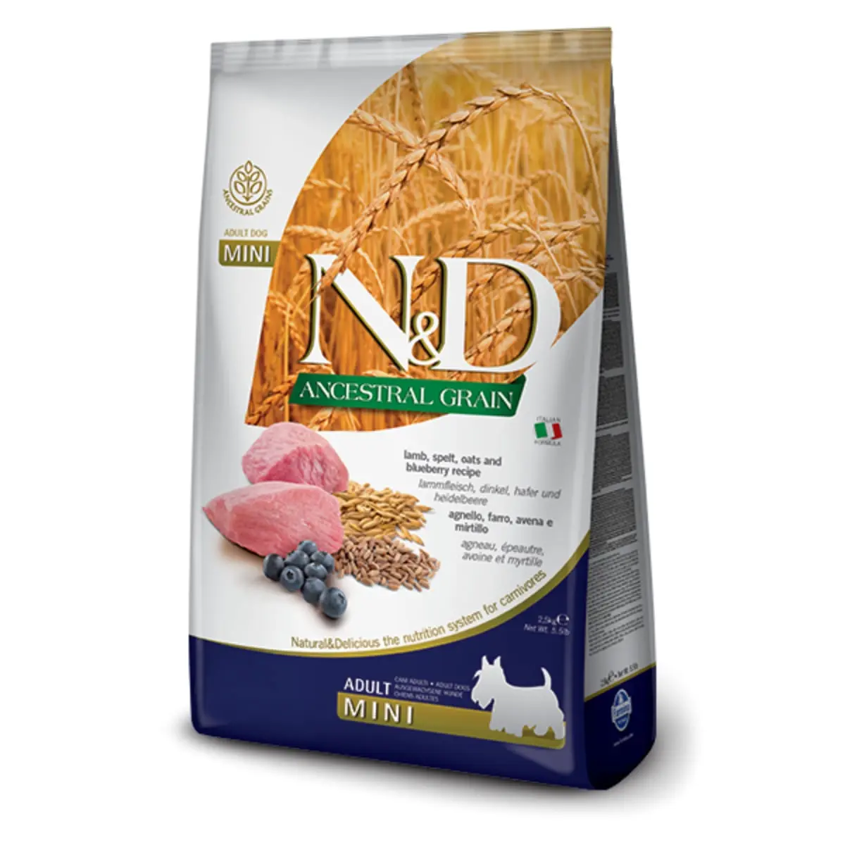 N&D Ancestral Grain Adult Mini, XS-S, Miel si afine, hrana uscata continut redus cereale caini, 7kg