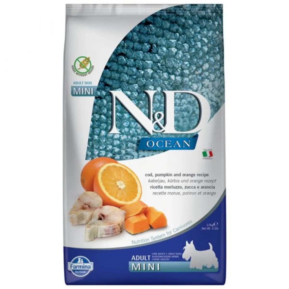 N&D Ocean Adult Mini, XS-S, Cod si dovleac, hrana uscata fara cereale caini, 2.5kg