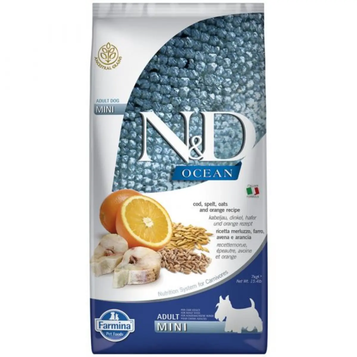 N&D Ocean Adult Mini, XS-S, Cod si Protocala, hrana uscata fara cereale caini, 7kg