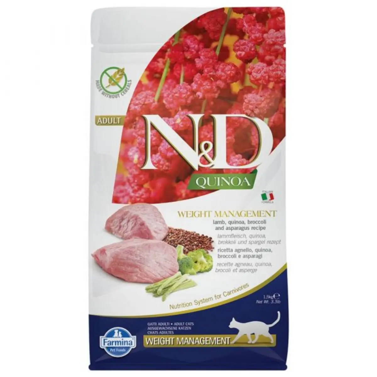 N&D Quinoa Controlul Greutatii, Miel, hrana uscata fara cereale pisici, obezitate, 1.5kg
