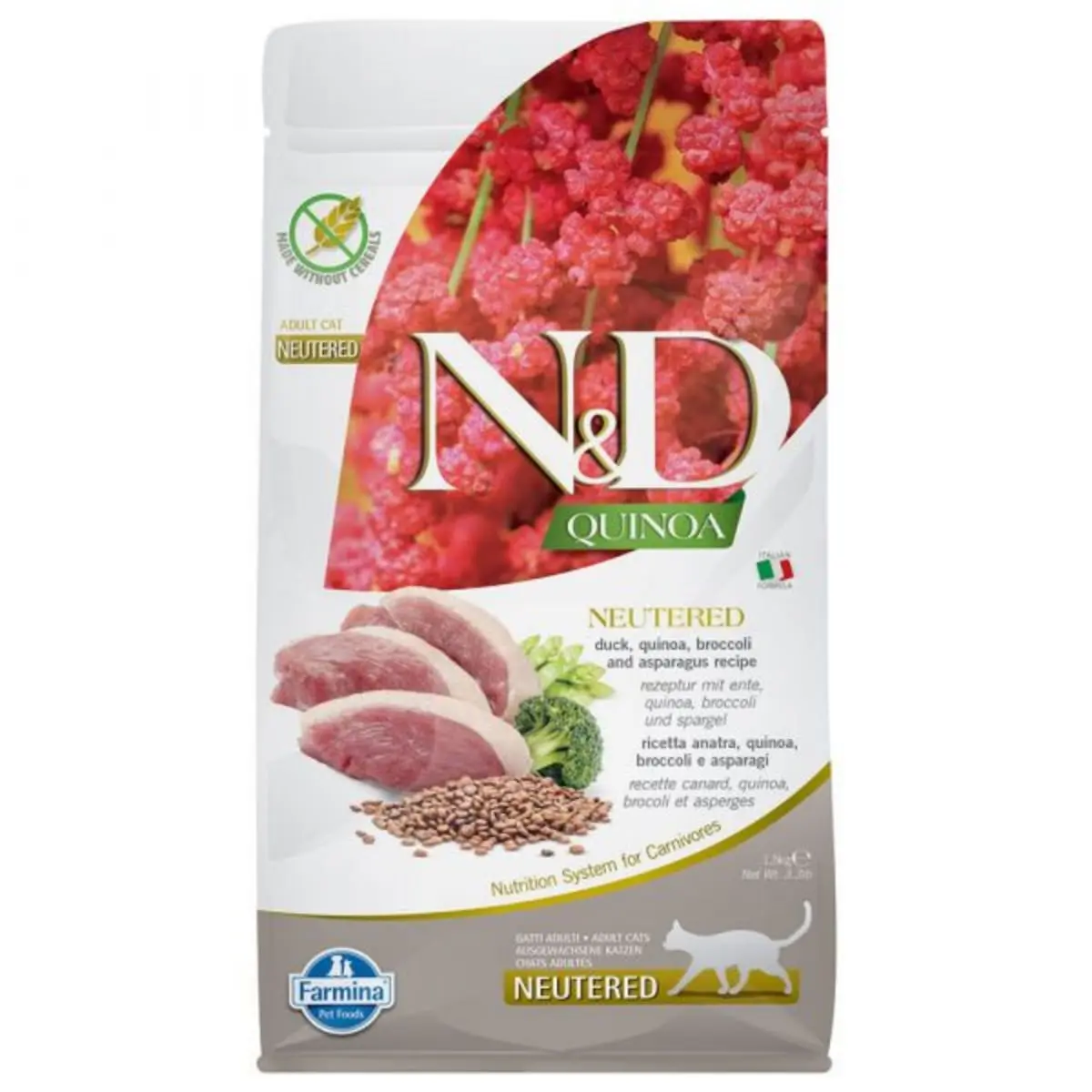 N&D Quinoa Adult Sterilizat, Rata si Broccoli, hrana uscata fara cereale pisici, 1.5kg