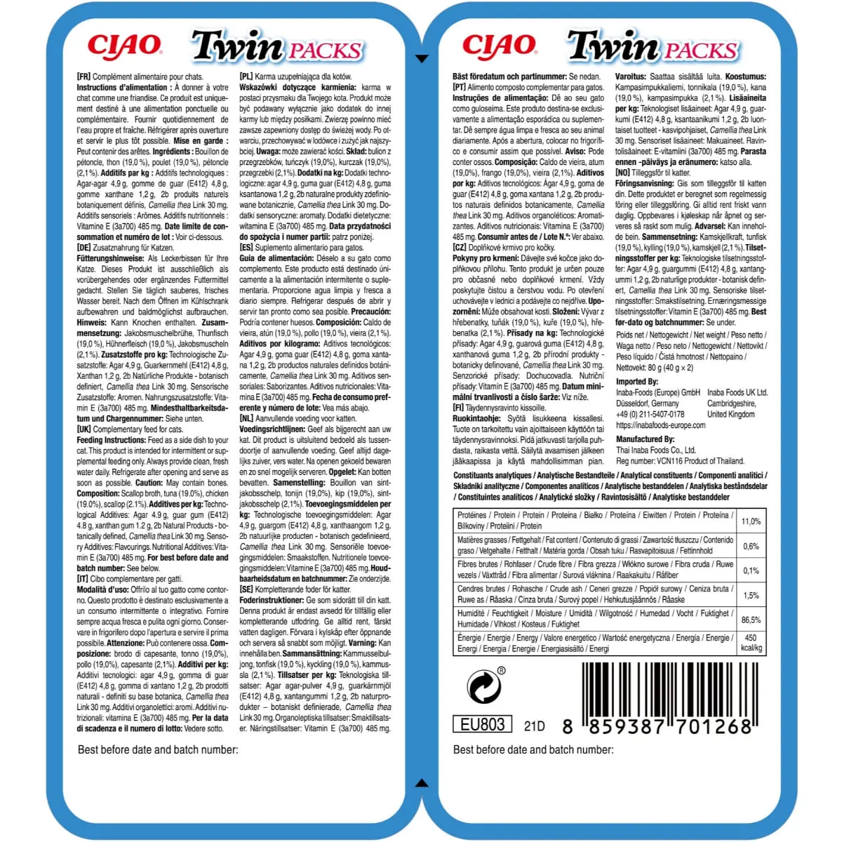 INABA Ciao Twin Packs, Ton, Pui si Scoici, plic hrana umeda fara cereale pisici, (topping), 80g - Image 3