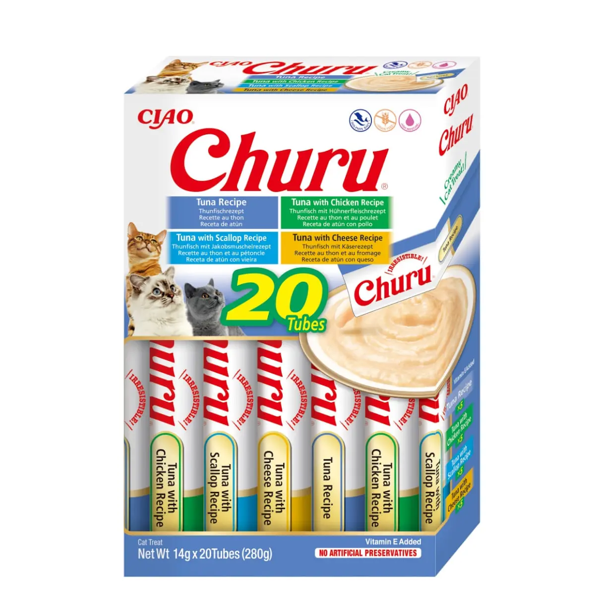 INABA Churu Tuna Varieties (Ton, Ton si Pui|Branza|Scoici), cutie, tub recompense fara cereale pisici, (topping), 280g - Image 2