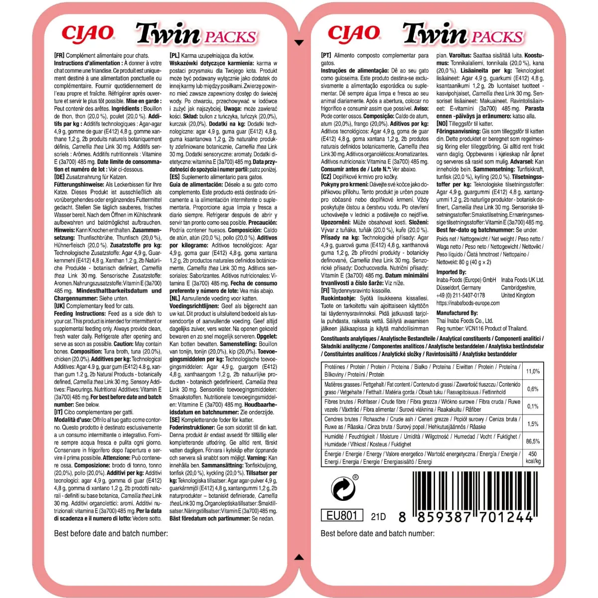 INABA Ciao Twin Packs, Ton si Pui, plic hrana umeda fara cereale pisici, (topping), 80g - Image 3