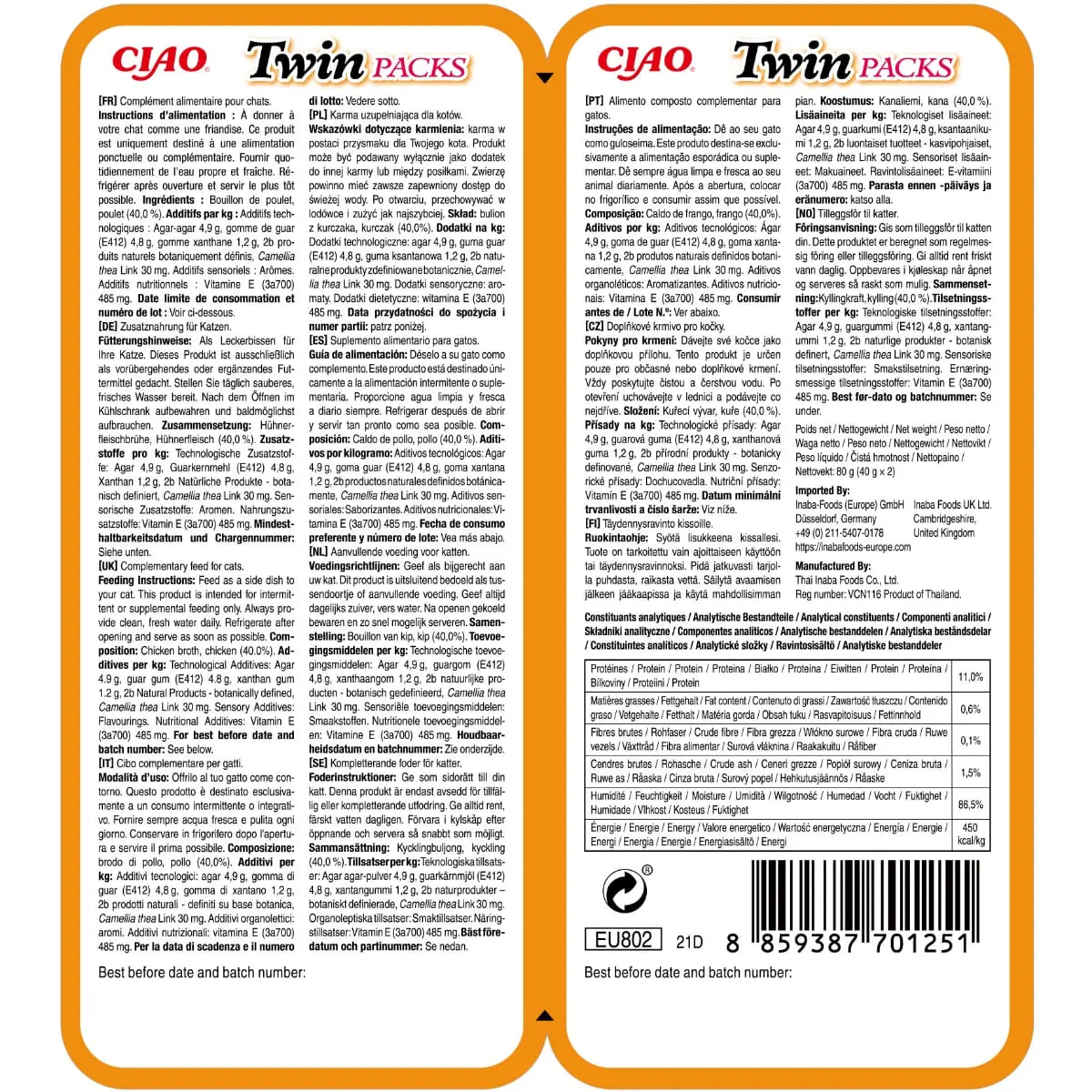 INABA Ciao Twin Packs, Pui, plic hrana umeda fara cereale pisici, (topping), 80g - Image 2