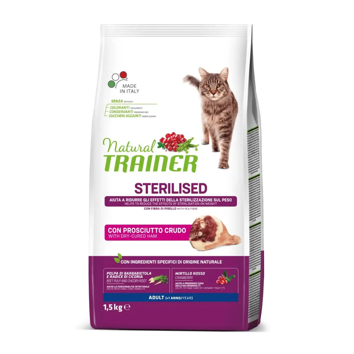 NATURAL TRAINER Sterilised, Bacon, hrana uscata pisici sterilizate, 1.5kg - Image 2
